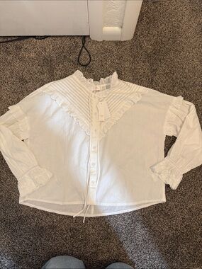 Adrienne White Ruffled Victorian-Style Button-Up Blouse